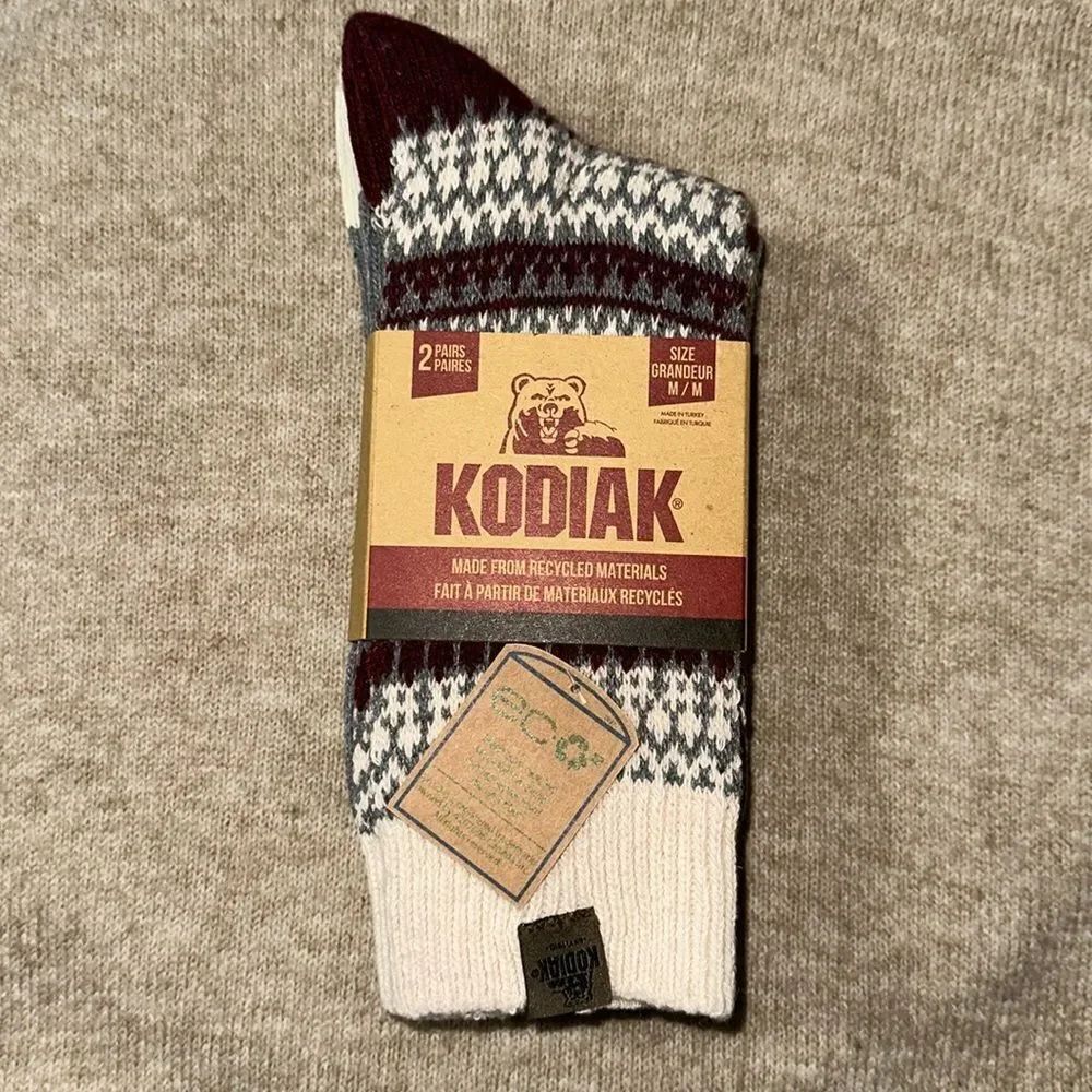 KODIAK Thermal Beige Burgundy Gray M US W 4-10 Sweater Wool Boot Socks 2pk